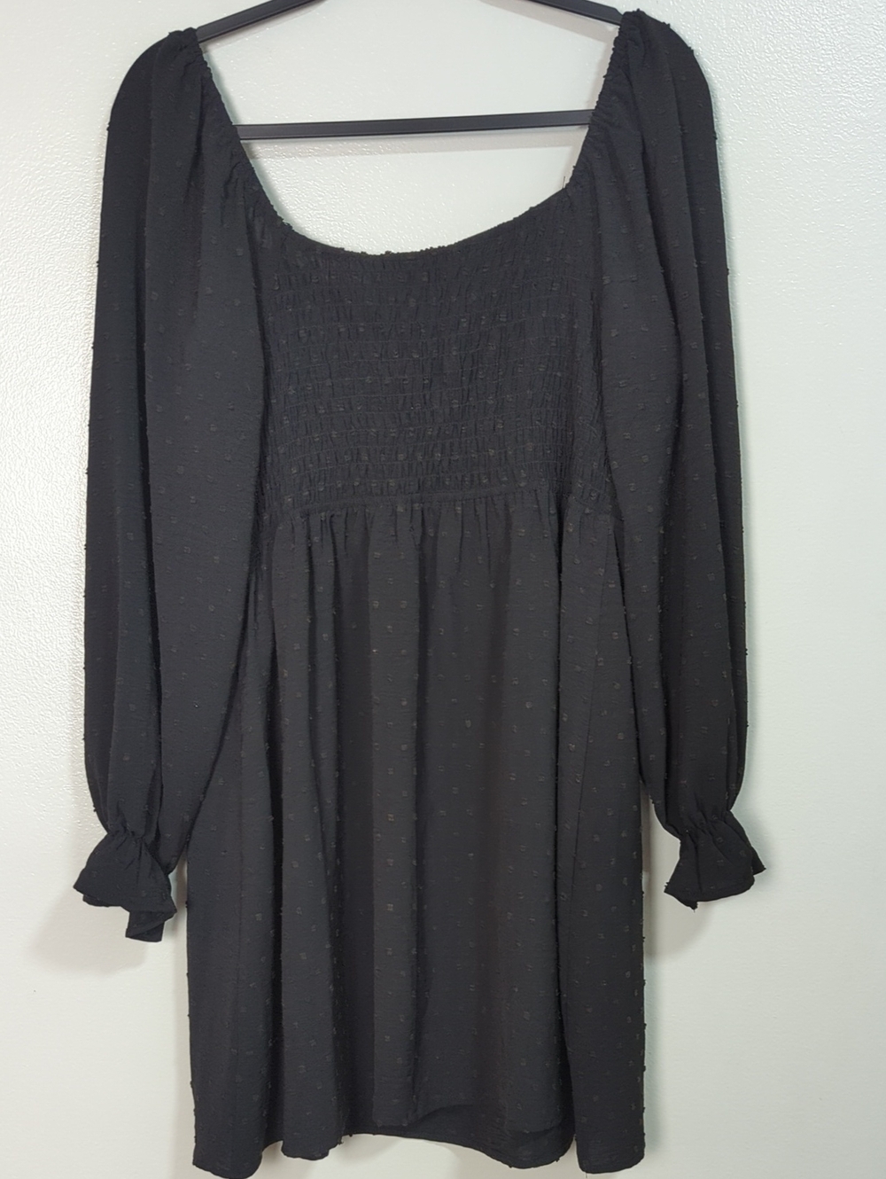 Charmed Hearts Size L Black Swiss Dot Babydoll Dress Long Sleeve Smocked Back - Picture 6 of 7